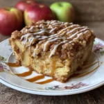Slice of apple crumb cake with drizzle on top