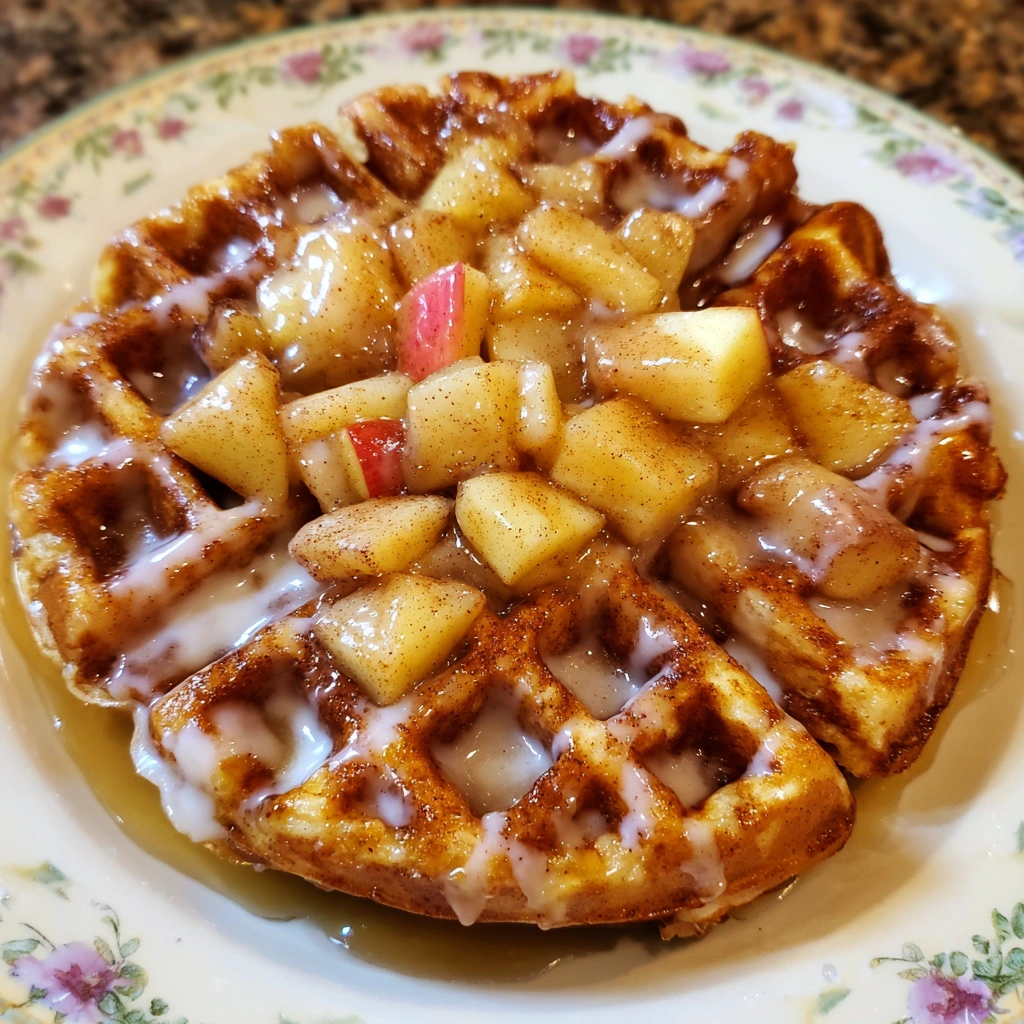 Close-up of glazed waffle donut with apple chunks inside