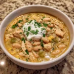 Bowl of creamy Cajun white chicken chili topped with fresh herbs.