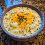 Creamy cheddar garlic herb potato soup topped with shredded cheese and herbs in a cozy bowl.