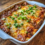 Beef enchiladas covered in melted cheese and garnished with herbs