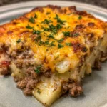 Sliced potatoes and ground beef baked in golden cheese
