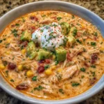 Soup simmering in a pot with visible chicken, beans, and corn