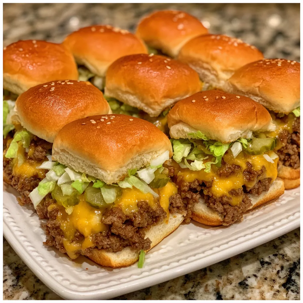 Party platter of Big Mac sliders ready to serve with sauce
