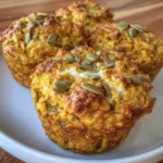 Stack of pumpkin muffins topped with pumpkin seeds on a rustic plate.