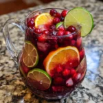 Festive cranberry orange margarita sangria with fresh citrus slices and cranberries in a pitcher.