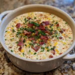 Bowl of creamy corn chowder topped with parsley and turkey bacon