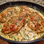 Juicy chicken breasts smothered in parmesan cream sauce