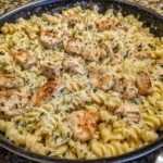 Pasta twirled in cheesy garlic sauce with tender chicken chunks