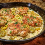 Creamy sauce bubbling around pepperoncini-topped chicken