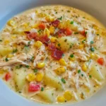 Slow-cooked chowder with visible corn, potatoes, and chicken