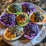 Halloween-themed deviled eggs with colorful marbled egg whites and vibrant yolk filling, garnished with spooky toppings.