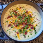 Potato Soup Recipe brings 30Min Epic Creamy Savory flavor. in a bowl topped with cheese, green onions, and parsley.