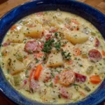 Creamy German potato soup in a bowl, garnished with parsley and vegan sausage slices.