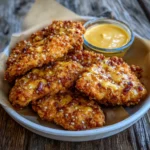 Plate of pretzel chicken drizzled with creamy cheddar-mustard sauce.