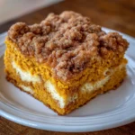 Slice of pumpkin coffee cake with thick streusel topping on a plate.