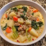Close-up of sausage potato soup with carrots, spinach, and parmesan
