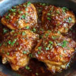 Plated brown sugar garlic chicken with fresh green garnish.