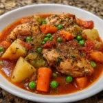 Bowl of slow cooker chicken stew with carrots, peas, and potatoes