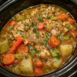 Bowl of slow cooker chicken stew with carrots, potatoes, and herbs.
