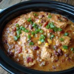 Bowl of creamy chicken chili with beans, corn, and melted cheese, topped with turkey bacon and fresh herbs.