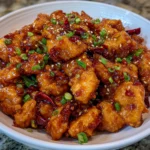 Sweet chili chicken on a plate served with steamed rice and broccoli.