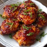 Crispy air fryer chicken thighs glazed with sweet chili sauce.