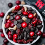 Jar of vampire bite trail mix with red and black candy pieces.
