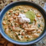 Overhead view of a pot filled with white chicken chili and a ladle.