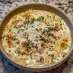 Spoonful of cheesy white lasagna soup with noodles and chicken