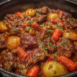 Hearty beef stew with carrots and potatoes in a dark pot