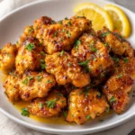 Air fryer basket filled with golden lemon chicken bites and fresh parsley.