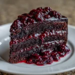 Slice of black velvet cake with dark berry filling