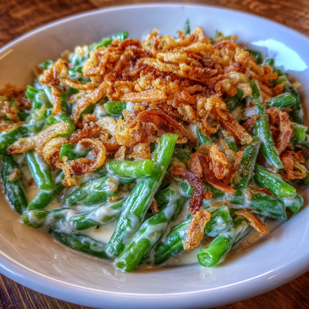 Classic Campbell’s green bean casserole topped with fried onions