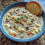 Spoonful of cheesy soup with visible beef, carrots, and hashbrowns