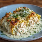 Baked lasagna rolls covered in Alfredo sauce and melted cheese