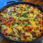 A golden-baked ground beef and potato casserole fresh from the oven