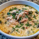 Bowl of creamy chile relleno soup with roasted poblanos, chicken, and cheese.