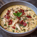 Creamy bowl of marry me chicken soup with herbs