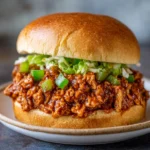 Close-up of spicy Cajun chicken sloppy joe on a toasted bun