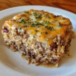 Golden, cheesy baked casserole with caramelized onions, beef, and rice.