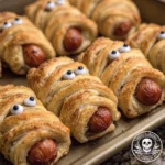 Sausages wrapped in puff pastry with candy eyes