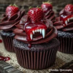 Cupcake tray filled with fang-topped, blood-drizzled treats