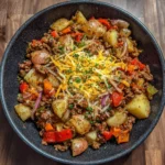 Freshly baked hobo casserole with golden cheese and veggies