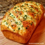 Freshly baked Italian herb and cheese bread loaf on wooden board