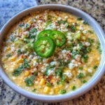 Bowl of creamy Mexican street corn soup with cheese and cilantro on top