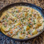 Creamy one-pan skillet with ground turkey, potatoes, carrots, and melted cheese.