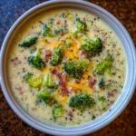 Bowl of creamy smoked gouda broccoli soup with spoon