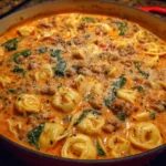 Steamy bowl of sausage and tortellini soup with fresh greens